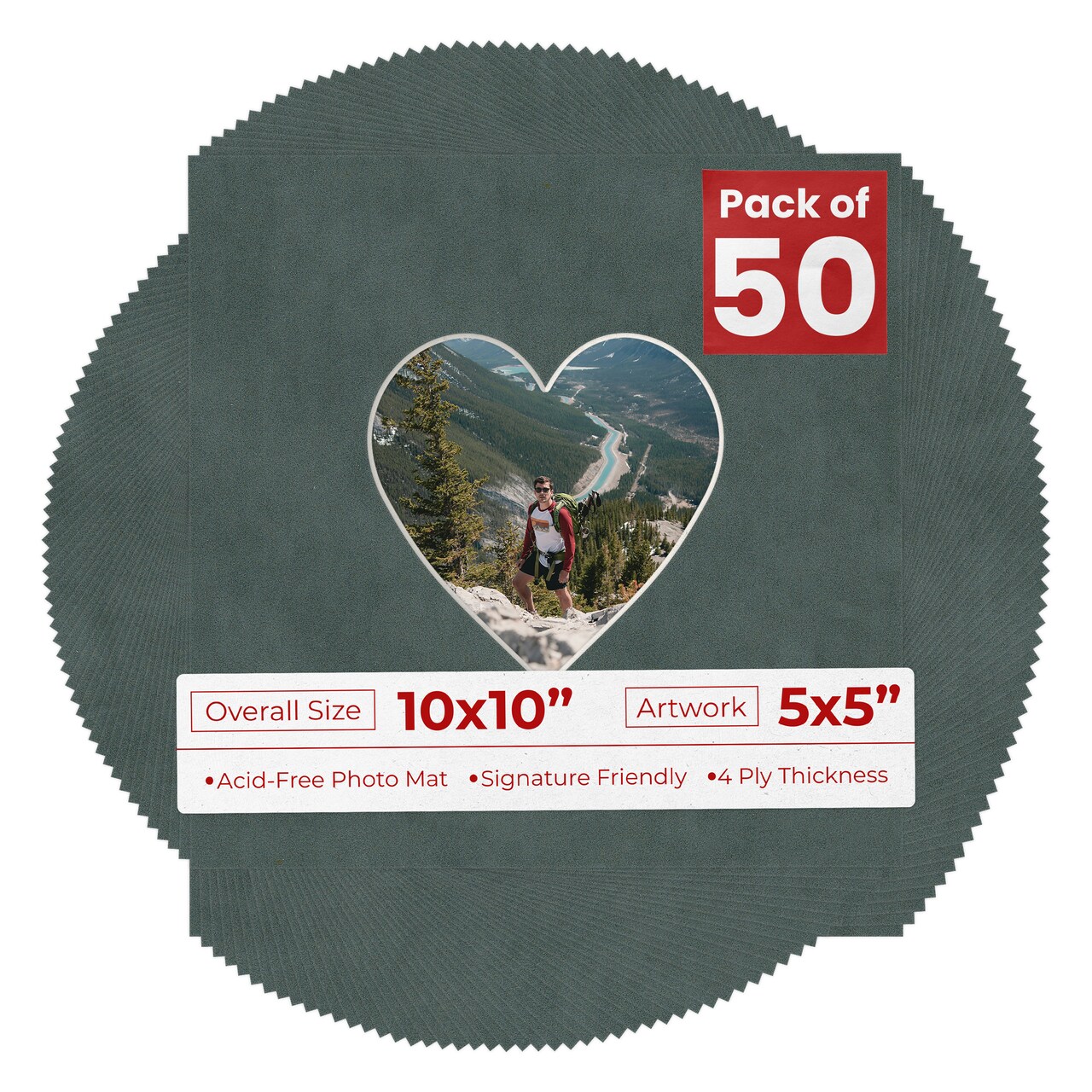 Dark Grey Suede Mat Board for 10x10 Frames - Heart Opening for 5x5 Photos